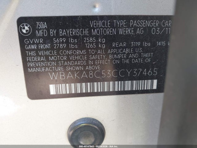 Продажа на аукционе авто 2012 Bmw 750i, vin: WBAKA8C53CCY37465, номер лота: 45147943