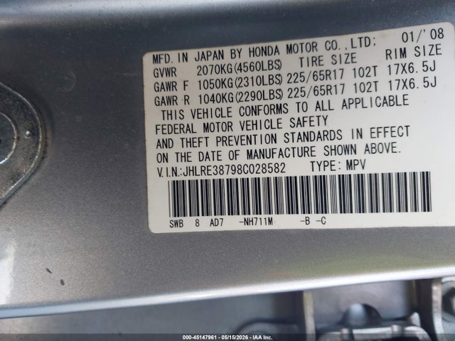 Aukcja sprzedaży 2008 Honda Cr-v Ex-l, vin: JHLRE38798C028582, numer aukcji: 45147961