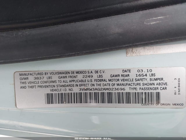 Продаж на аукціоні авто 2010 Volkswagen New Beetle 2.5l Final Edition, vin: 3VWRW3AG2AM023696, номер лоту: 45147964
