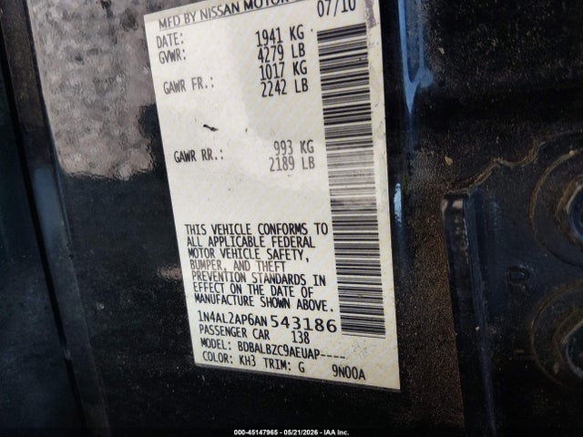 45147965 :رقم المزاد ، 1N4AL2AP6AN543186 vin ، 2010 Nissan Altima 2.5 S مزاد بيع