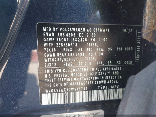 45147966 :رقم المزاد ، WVGAV7AXXDW548791 vin ، 2013 Volkswagen Tiguan Se مزاد بيع
