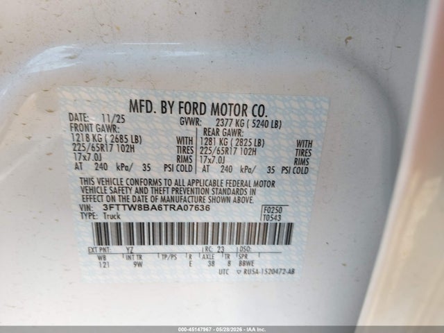 45147967 :رقم المزاد ، 3FTTW8BA6TRA07636 vin ، 2026 Ford Maverick Xl مزاد بيع