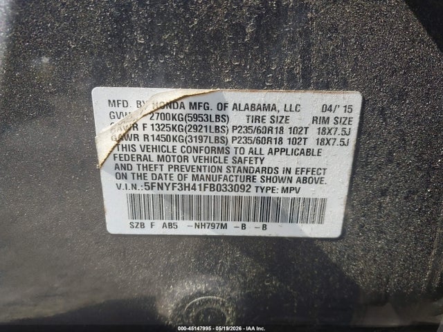 Aukcja sprzedaży 2015 Honda Pilot Ex, vin: 5FNYF3H41FB033092, numer aukcji: 45147995