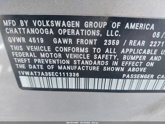 45147997 :رقم المزاد ، 1VWAT7A35EC111336 vin ، 2014 Volkswagen Passat 1.8t S مزاد بيع