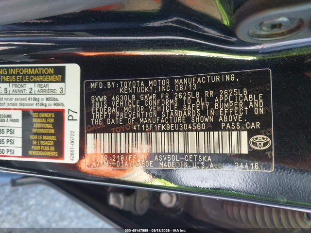 45147998 :رقم المزاد ، 4T1BF1FK9EU304560 vin ، 2014 Toyota Camry Se مزاد بيع