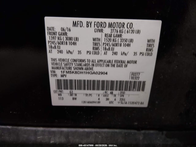 Aukcja sprzedaży 2017 Ford Explorer Xlt, vin: 1FM5K8DH1HGA02904, numer aukcji: 45147999
