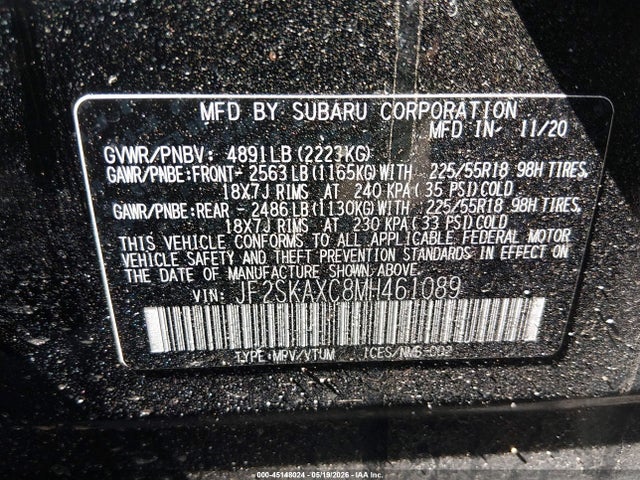 45148024 :رقم المزاد ، JF2SKAXC8MH461089 vin ، 2021 Subaru Forester Touring مزاد بيع