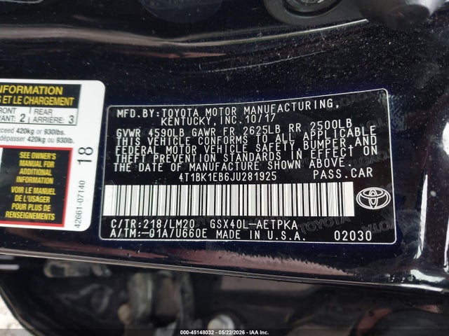 Aukcja sprzedaży 2018 Toyota Avalon Limited, vin: 4T1BK1EB6JU281925, numer aukcji: 45148032