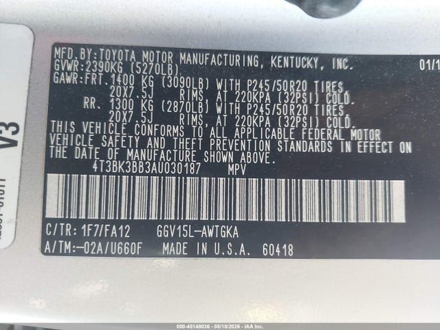 45148036 :رقم المزاد ، 4T3BK3BB3AU030187 vin ، 2010 Toyota Venza Base V6 مزاد بيع