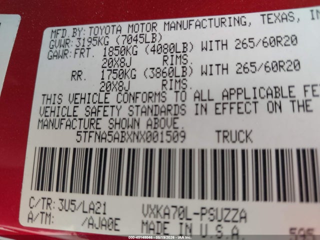 5TFNA5ABXNX001509 Toyota Tundra Platinum
