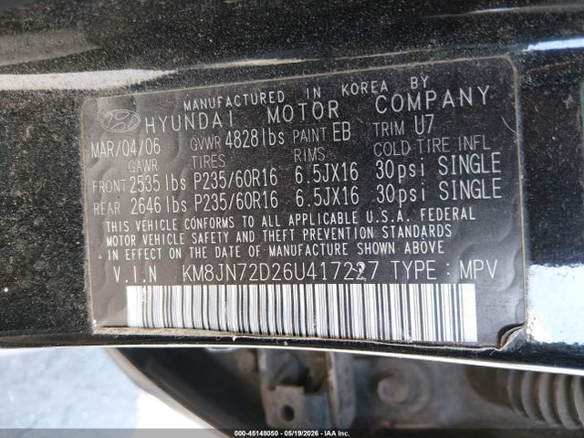 Продажа на аукционе авто 2006 Hyundai Tucson Gls/limited, vin: KM8JN72D26U417227, номер лота: 45148050