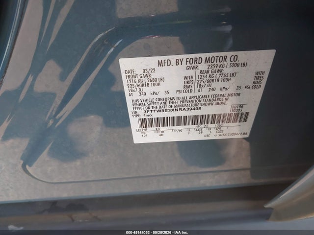 45148052 :رقم المزاد ، 3FTTW8E3XNRA39408 vin ، 2022 Ford Maverick Lariat مزاد بيع