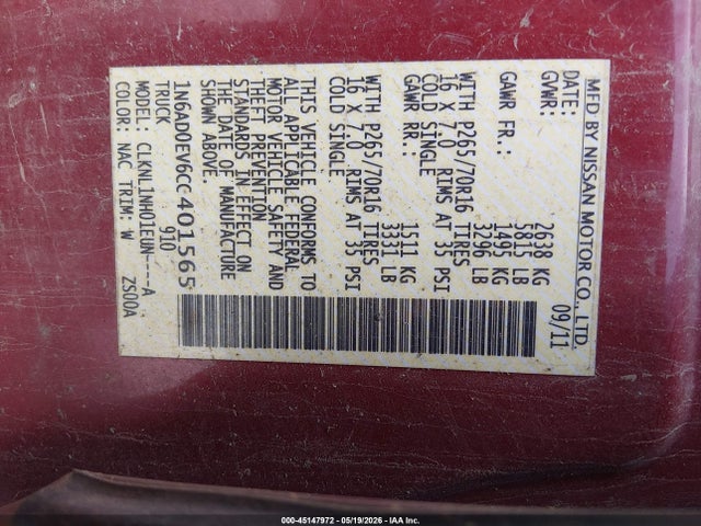 2012 Nissan Frontier S მანქანა იყიდება აუქციონზე, vin: 1N6AD0EV6CC401565, აუქციონის ნომერი: 45147972