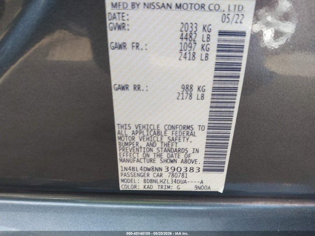 1N4BL4DW8NN390383 Nissan Altima Sv Intelligent Awd
