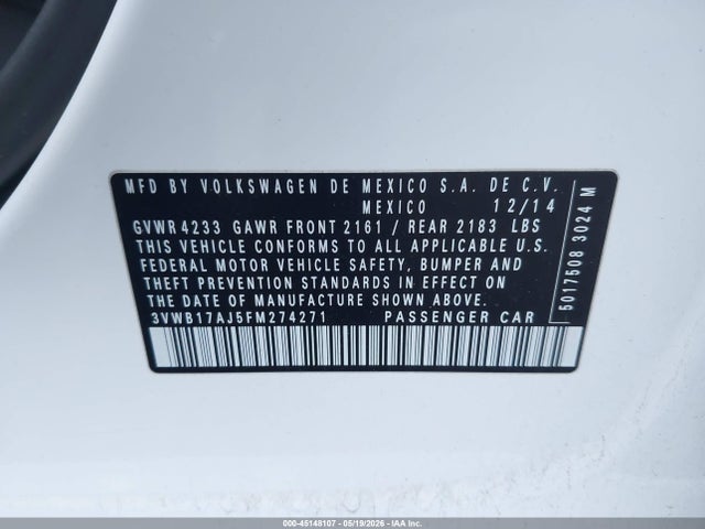 3VWB17AJ5FM274271 Volkswagen Jetta 1.8t Se