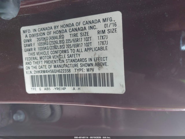 Aukcja sprzedaży 2016 Honda Cr-v Ex, vin: 2HKRM4H56GH622358, numer aukcji: 45148114