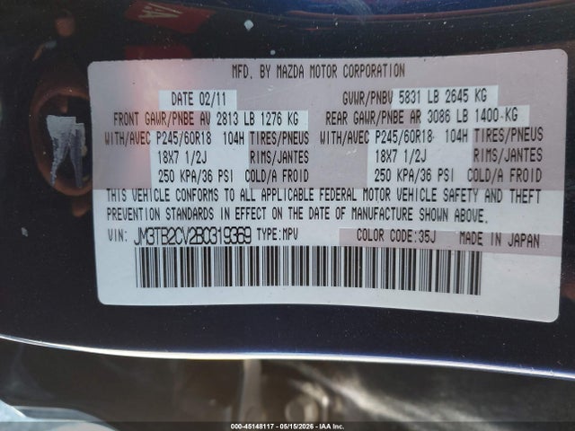 Aukcja sprzedaży 2011 Mazda Cx-9 Touring, vin: JM3TB2CV2B0319369, numer aukcji: 45148117