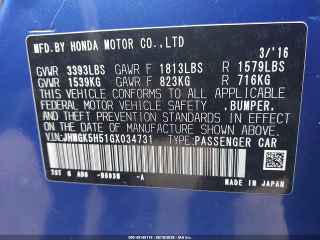 JHMGK5H51GX034731 Honda FIT LX