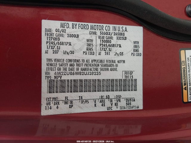 2002 Mercury Mountaineer მანქანა იყიდება აუქციონზე, vin: 4M2ZU86W82UJ38235, აუქციონის ნომერი: 45148135
