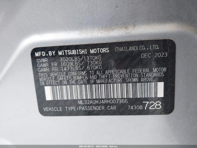Aukcja sprzedaży 2024 Mitsubishi Mirage Es/le, vin: ML32AUHJ4RH007366, numer aukcji: 45148137