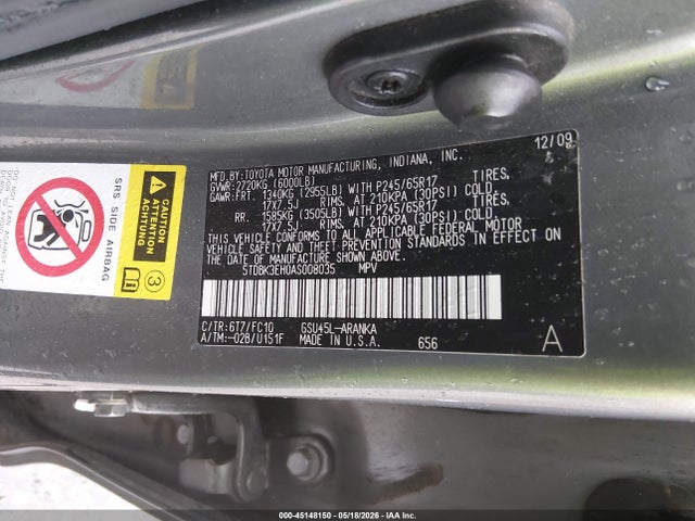 45148150 :رقم المزاد ، 5TDBK3EH0AS008035 vin ، 2010 Toyota Highlander Base V6 مزاد بيع