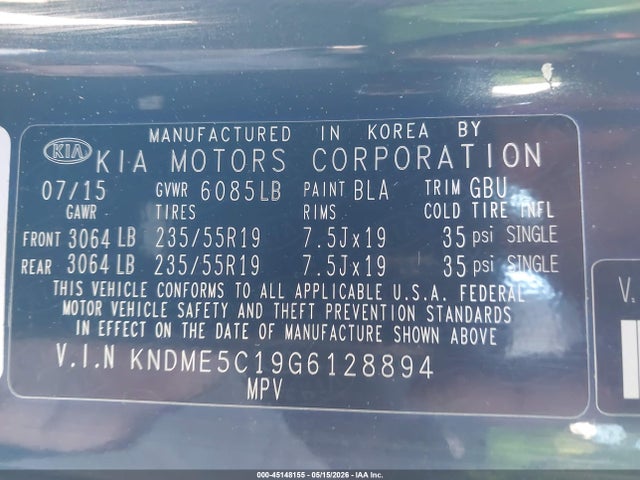 45148155 :رقم المزاد ، KNDME5C19G6128894 vin ، 2016 Kia Sedona Sx Luxury مزاد بيع