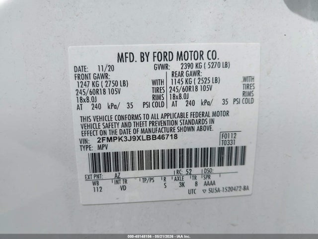 Aukcja sprzedaży 2020 Ford Edge Sel, vin: 2FMPK3J9XLBB46718, numer aukcji: 45148156