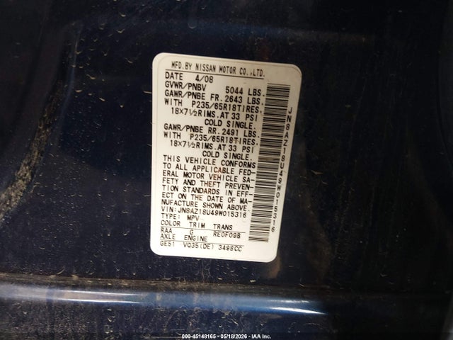 45148165 :رقم المزاد ، JN8AZ18U49W015316 vin ، 2009 Nissan Murano Sl مزاد بيع