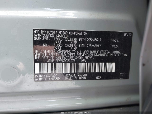 Aukcja sprzedaży 2019 Toyota Rav4 Xle, vin: JTMP1RFV3KD021276, numer aukcji: 45148172