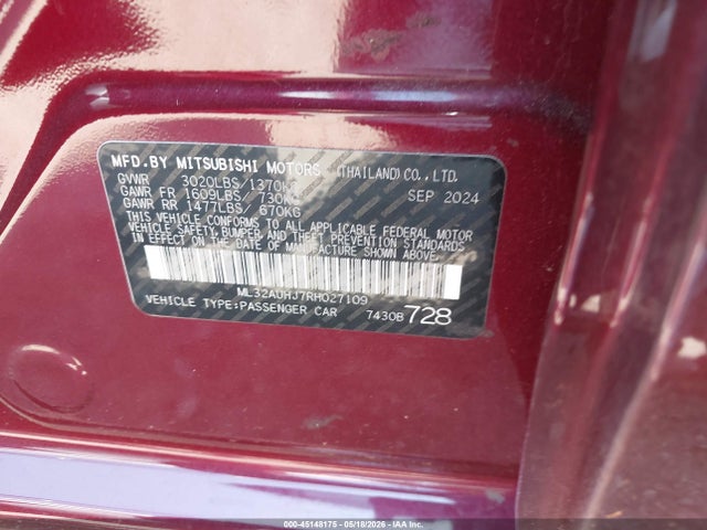 Продаж на аукціоні авто 2024 Mitsubishi Mirage Es/le, vin: ML32AUHJ7RH027109, номер лоту: 45148175