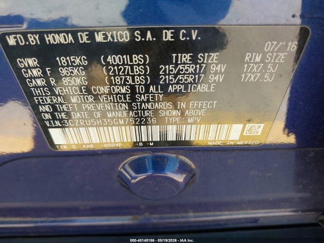 Aukcja sprzedaży 2016 Honda Hr-v Lx, vin: 3CZRU5H35GM752236, numer aukcji: 45148186