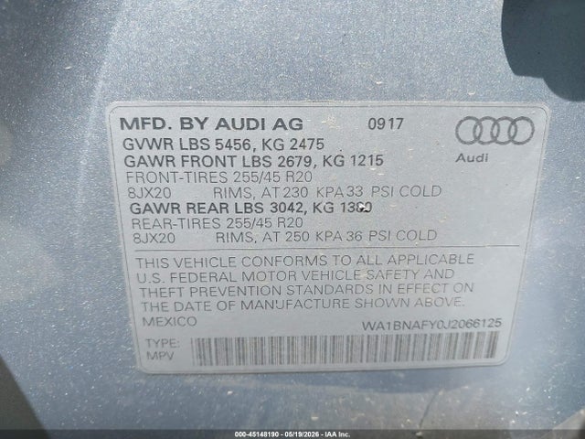 45148190 :رقم المزاد ، WA1BNAFY0J2066125 vin ، 2018 Audi Q5 2.0t Premium/2.0t Tech Premium مزاد بيع