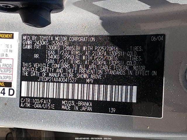 Aukcja sprzedaży 2004 Toyota Highlander V6, vin: JTEDP21AX40041527, numer aukcji: 45148192