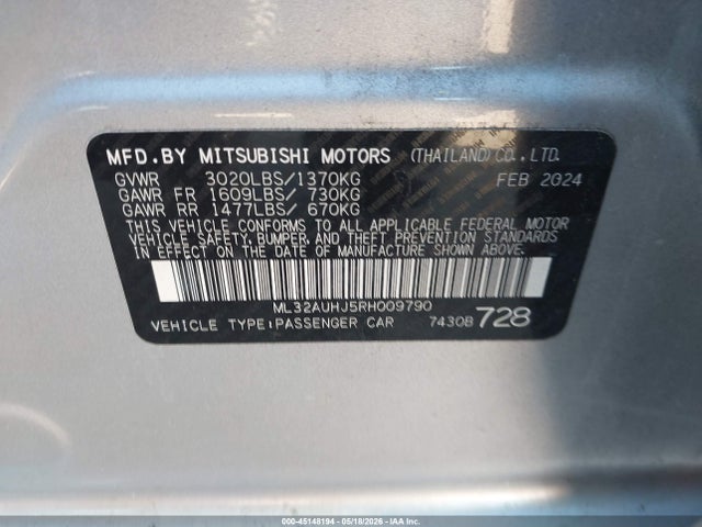 Продаж на аукціоні авто 2024 Mitsubishi Mirage Es/le, vin: ML32AUHJ5RH009790, номер лоту: 45148194
