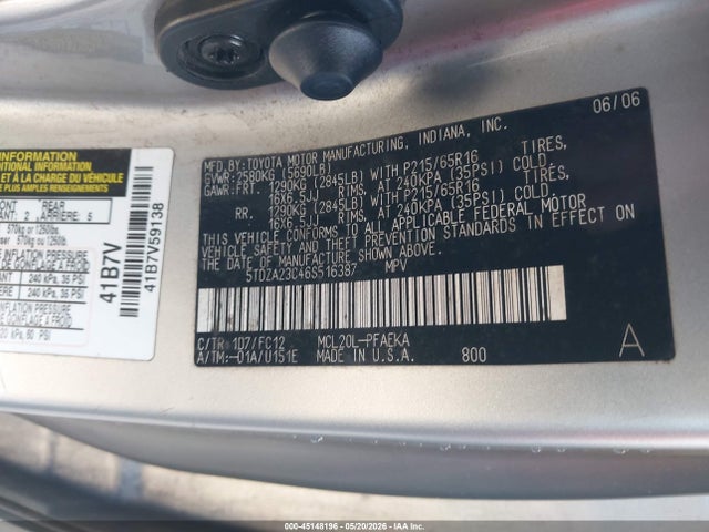 Aukcja sprzedaży 2006 Toyota Sienna Le, vin: 5TDZA23C46S516387, numer aukcji: 45148196