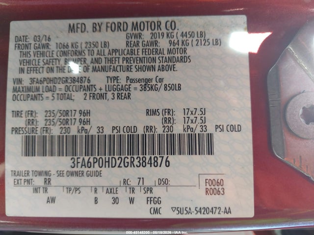 Продаж на аукціоні авто 2016 Ford Fusion Se, vin: 3FA6P0HD2GR384876, номер лоту: 45148200