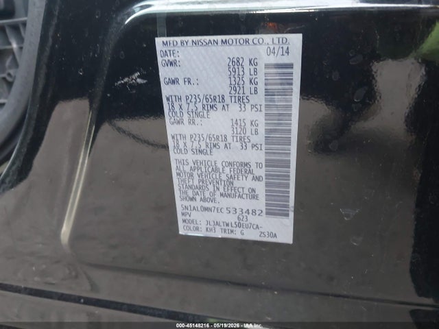 45148216 :رقم المزاد ، 5N1AL0MN7EC533482 vin ، 2014 Infiniti Qx60 مزاد بيع
