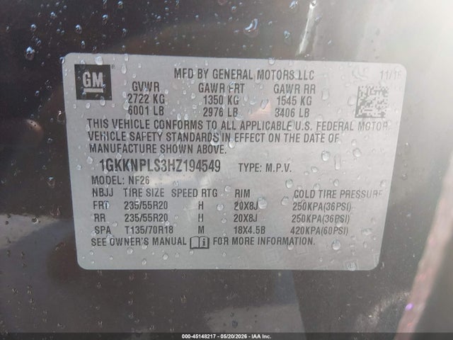 Aukcja sprzedaży 2017 Gmc Acadia Denali, vin: 1GKKNPLS3HZ194549, numer aukcji: 45148217