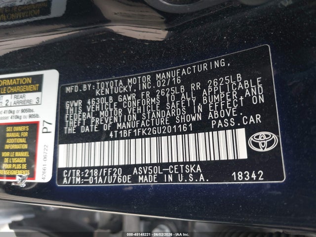 Продажа на аукционе авто 2016 Toyota Camry Se, vin: 4T1BF1FK2GU201161, номер лота: 45148221