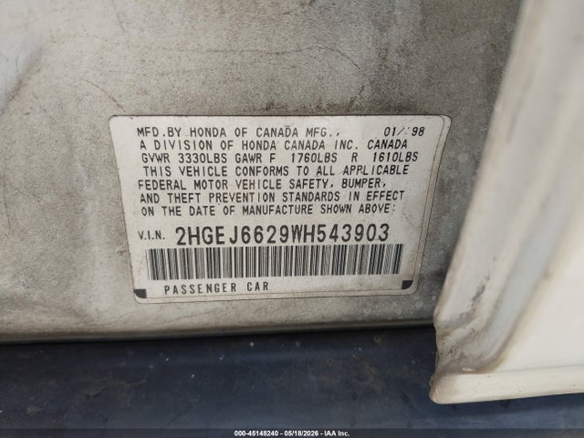 45148240 :رقم المزاد ، 2HGEJ6629WH543903 vin ، 1998 Honda Civic Dx مزاد بيع