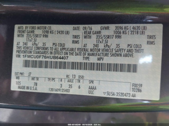 45148249 :رقم المزاد ، 1FMCU0F76HUB64407 vin ، 2017 Ford Escape S مزاد بيع