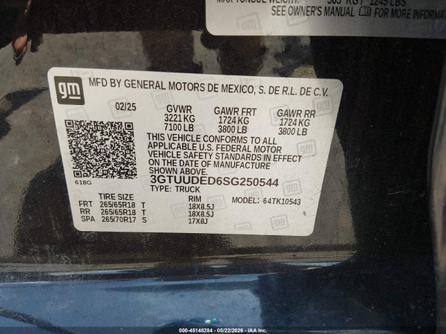 2025 Gmc Sierra 1500 4wd  Short Box Slt მანქანა იყიდება აუქციონზე, vin: 3GTUUDED6SG250544, აუქციონის ნომერი: 45148284
