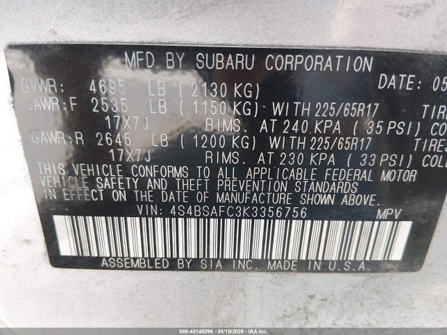 45148296 :رقم المزاد ، 4S4BSAFC3K3356756 vin ، 2019 Subaru Outback 2.5i Premium مزاد بيع