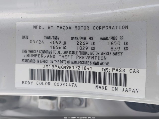 Aukcja sprzedaży 2024 Mazda Mazda3 2.5 S Select Sport, vin: JM1BPAKM9R1721841, numer aukcji: 45148297