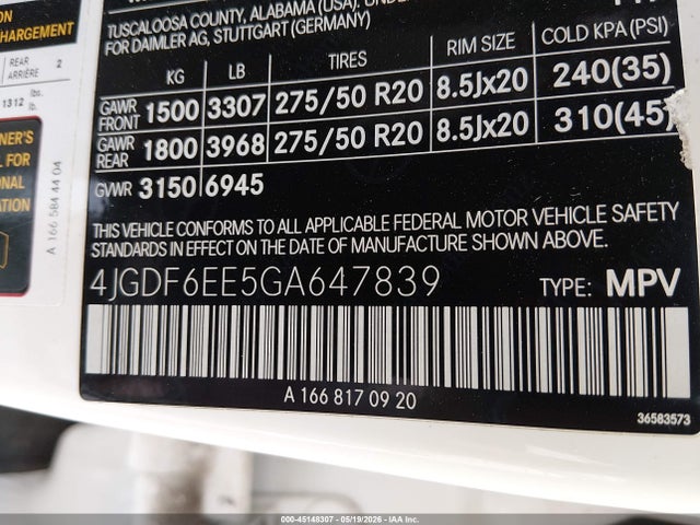 45148307 :رقم المزاد ، 4JGDF6EE5GA647839 vin ، 2016 Mercedes-benz Gl 450 4matic مزاد بيع