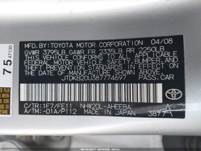 Продаж на аукціоні авто 2008 Toyota Prius, vin: JTDKB20U387774697, номер лоту: 45148317