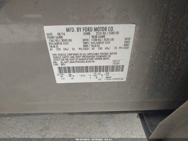 45148318 :رقم المزاد ، 2LMTJ6KP9GBL83016 vin ، 2016 Lincoln Mkx Select مزاد بيع