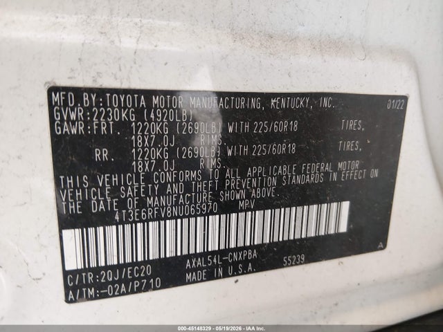 45148329 :رقم المزاد ، 4T3E6RFV8NU065970 vin ، 2022 Toyota Rav4 Hybrid Xse مزاد بيع