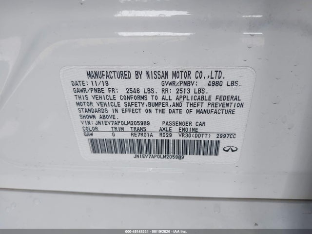 Aukcja sprzedaży 2020 Infiniti Q50, vin: JN1EV7AP0LM205989, numer aukcji: 45148331