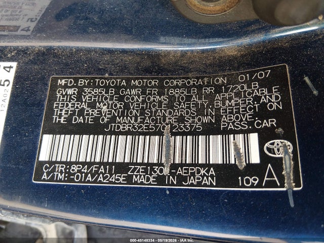 45148334 :رقم المزاد ، JTDBR32E570123375 vin ، 2007 Toyota Corolla Ce مزاد بيع
